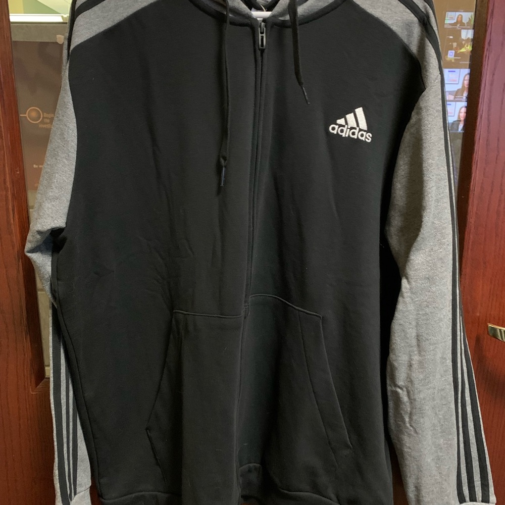 XL Adidas Black and Gray Terry Zip Up Sweater Track Hoodie
